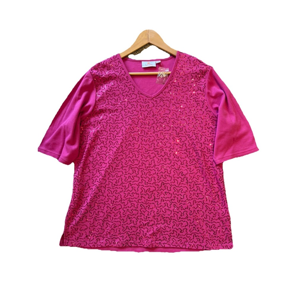 Quacker Factory Hot Pink Sequin V-Neck 3/4 Sleeve Knit Tunic Top, XL, New